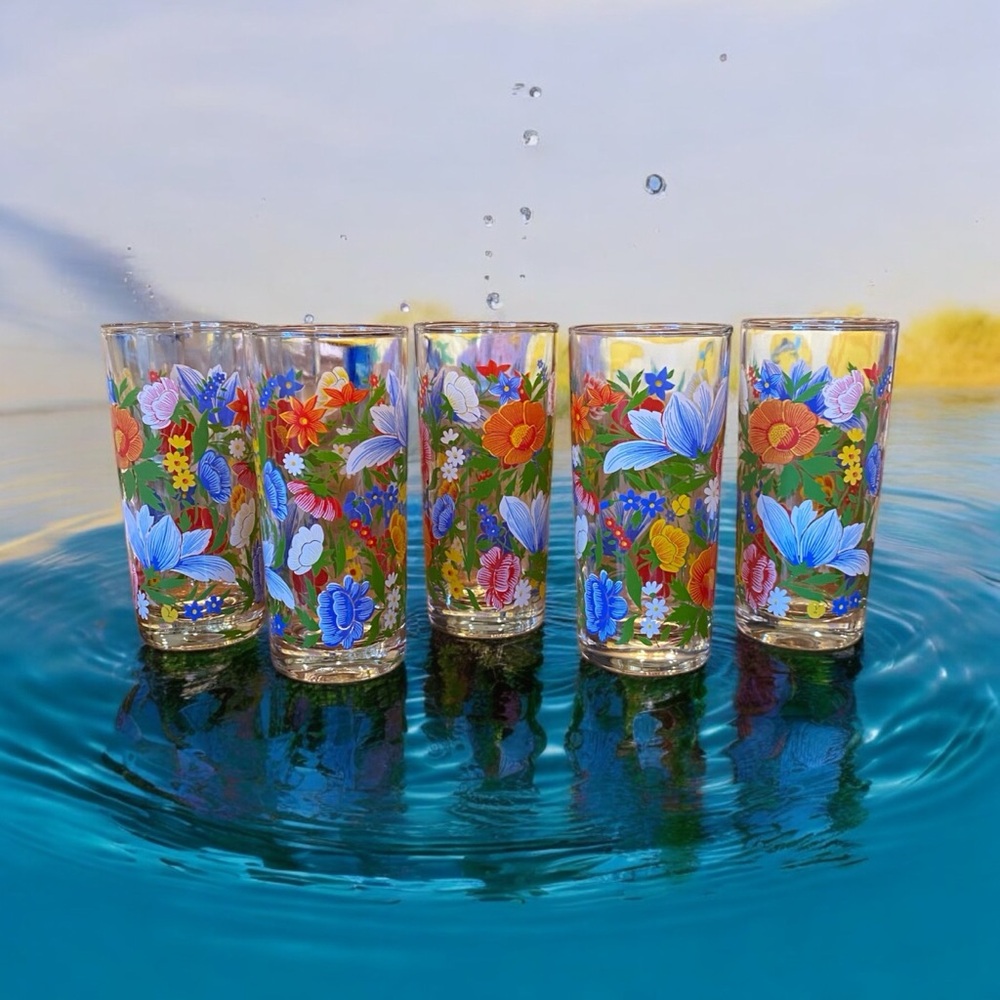 Set of 5 Colorful Floral Glass Tumblers Set Reims France. - Picture 3 of 6